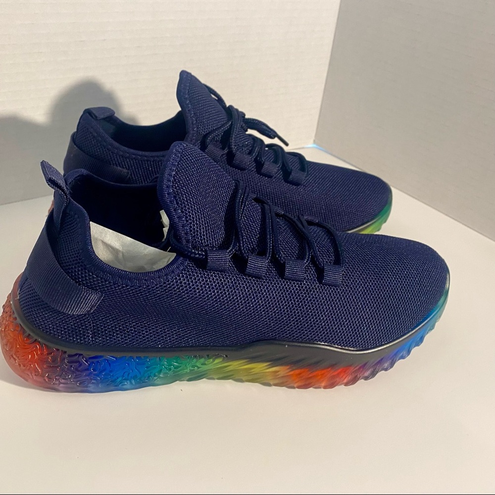 Wanted Affinity Size 8 Woman’s Navy Blue Sneakers with Rainbow Sole.